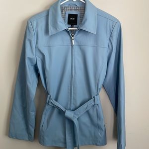 JLC NY Outerwear Pale Blue Slicker with plaid lining- zip up- pockets- Belt- S